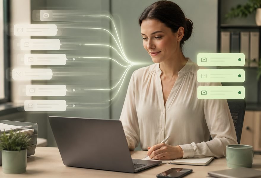 Eine Frau arbeitet am Laptop, daneben leuchtende Linien, die einzelne Aufgaben automatisch miteinander verbinden