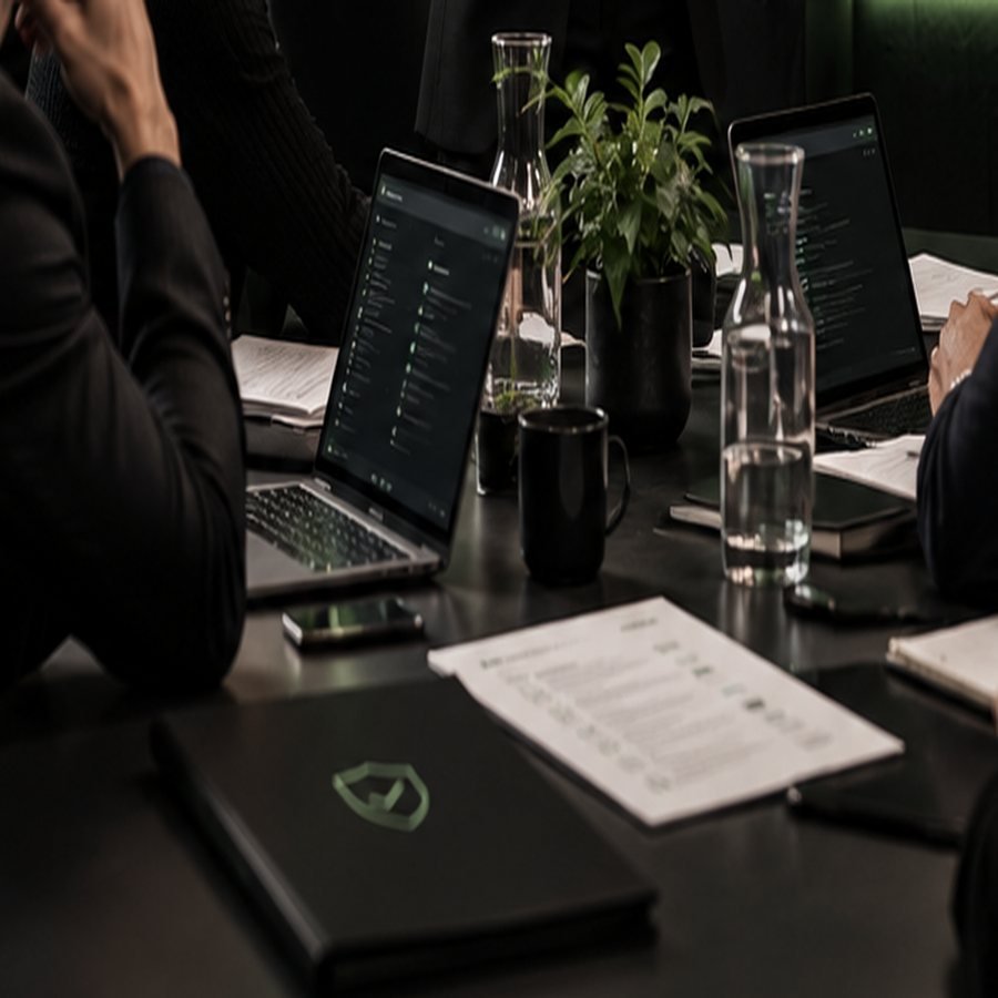 Ein Tisch mit Laptop, Unterlagen und Wasserglas in einem Besprechungsraum
