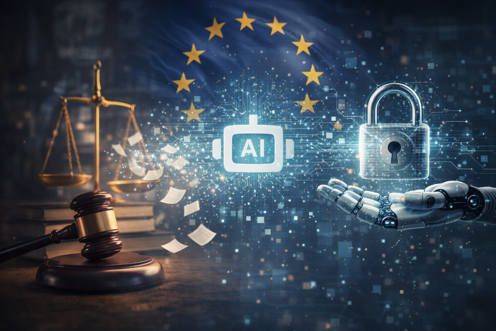 EU AI Act Justizwaage und Roboterhand