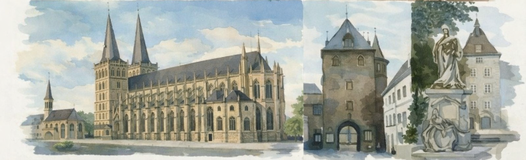 Aquarell-Collage mit bekannten Orten und Bauwerken am Niederrhein
