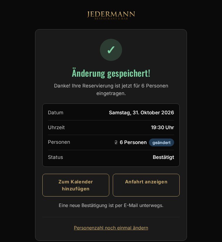 Bestätigungsfenster nach einer Änderung der Personenzahl mit Kalender- und Anfahrt-Knopf