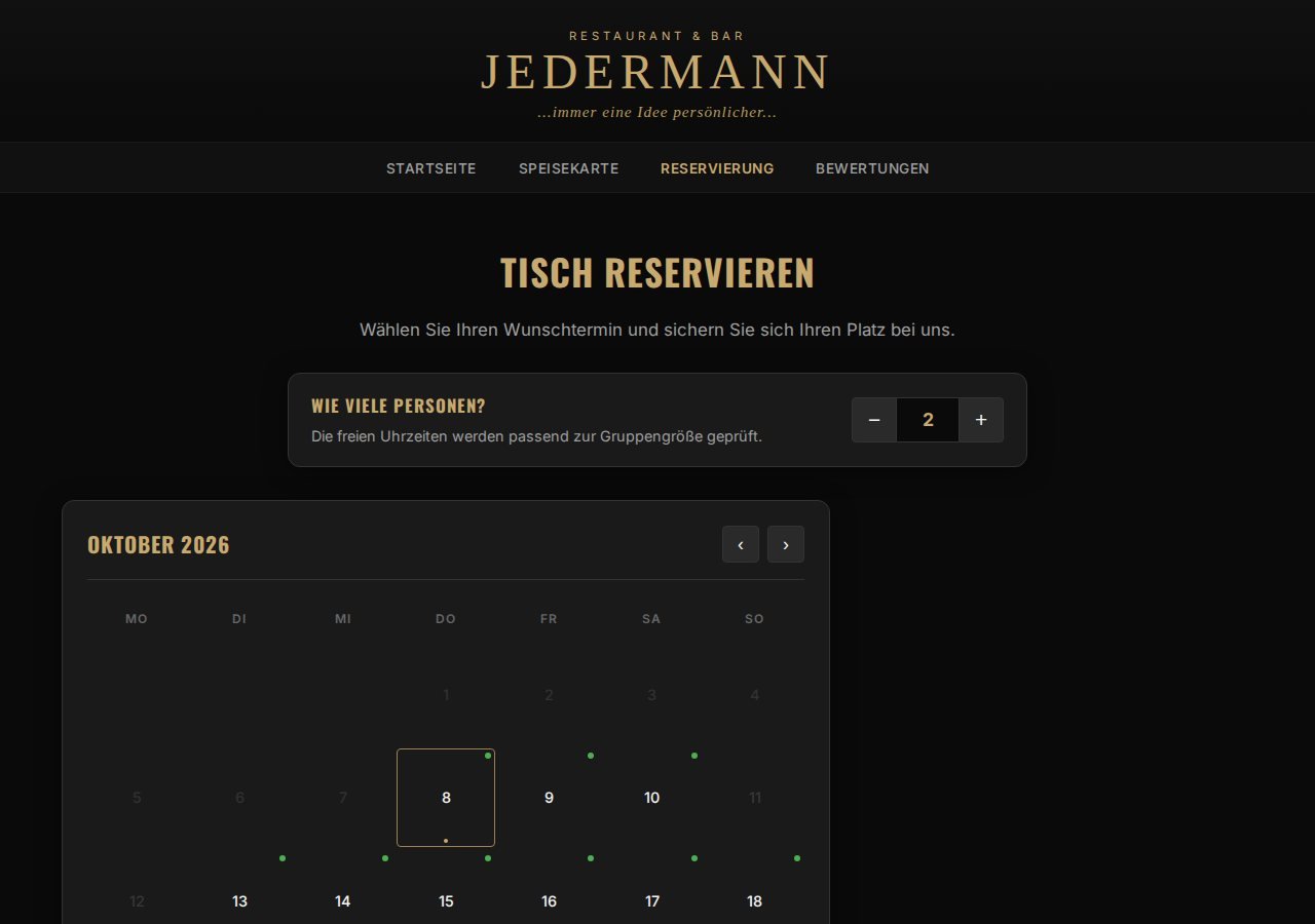 Das Online-Reservierungssystem des Restaurants Jedermann in Moers: Personenzahl wählen, freien Tag im Kalender anklicken