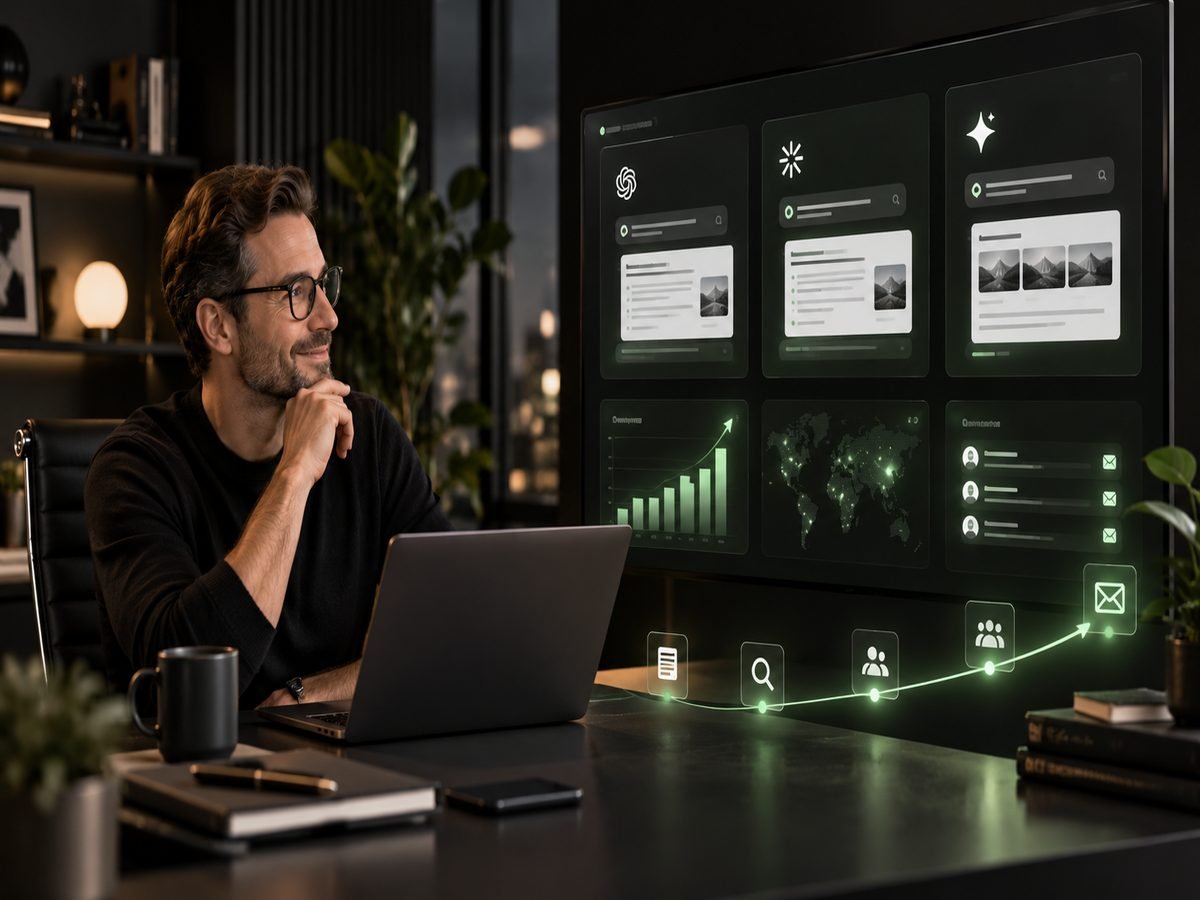 Ein Unternehmer sitzt abends am Laptop, auf dem Bildschirm Auswertungen und Kurven