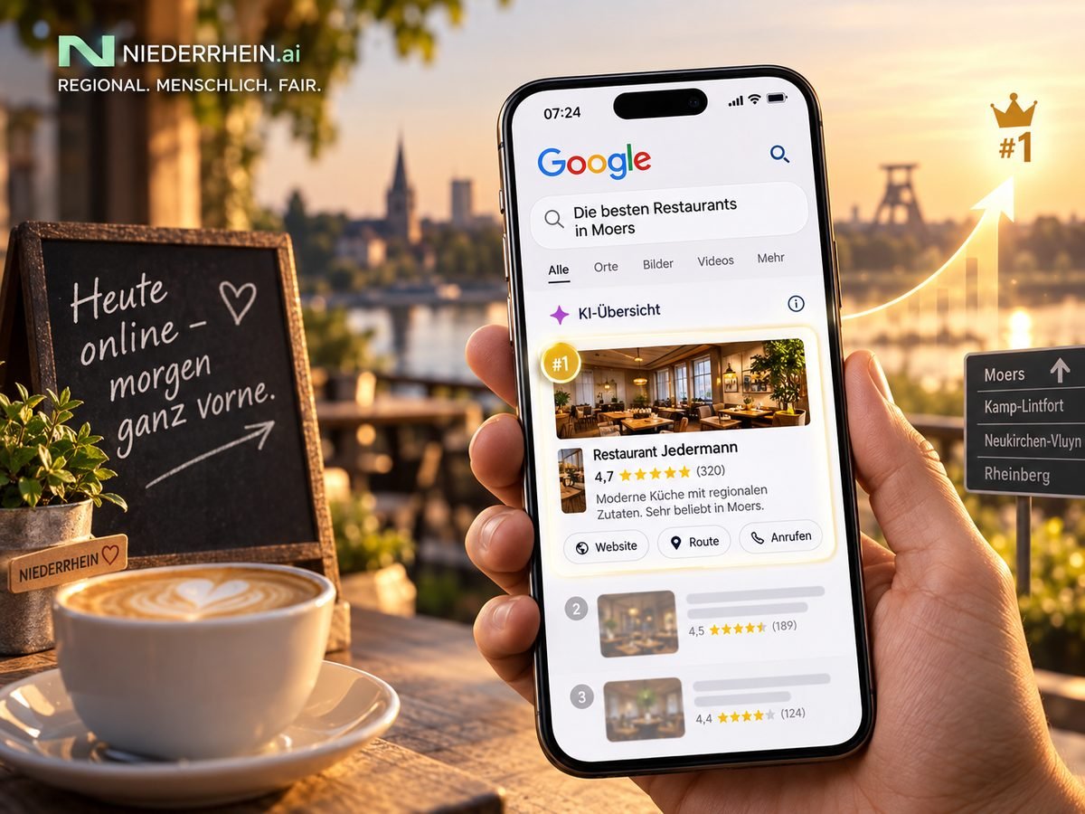 Hand hält ein Handy mit Google-Suche 'Die besten Restaurants in Moers', ein Restaurant steht auf Platz 1