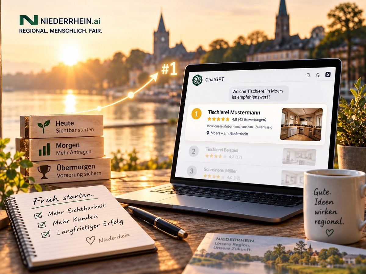 Laptop mit ChatGPT: Auf die Frage nach einer Tischlerei in Moers wird ein Betrieb als Erstes empfohlen