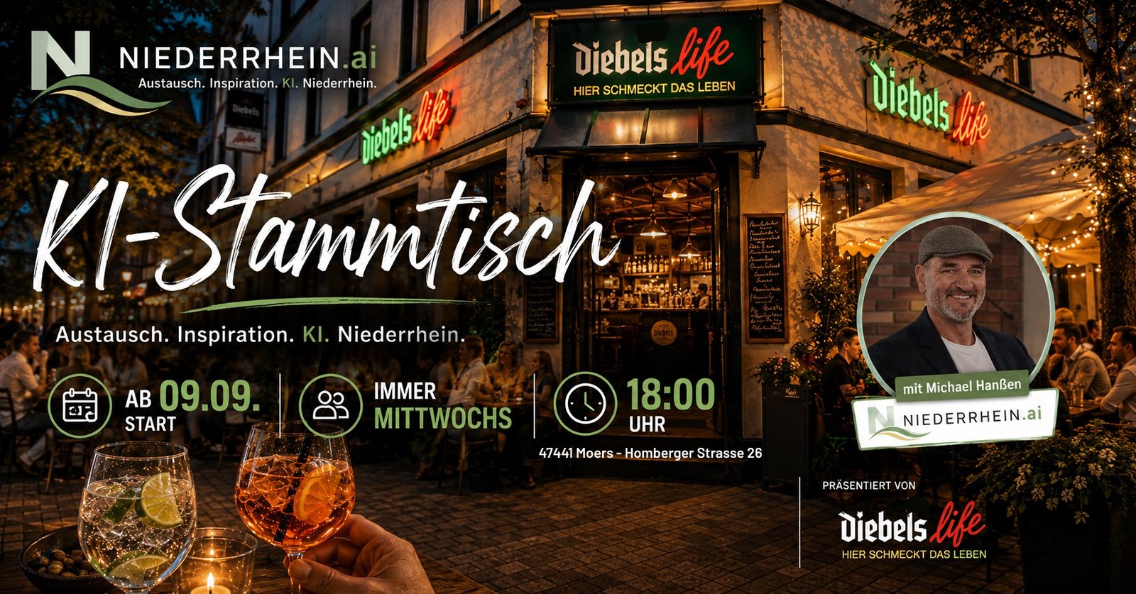 KI-Stammtisch Moers — ab 9. September, immer mittwochs 18:00 Uhr im Diebels Live, Homberger Straße 26
