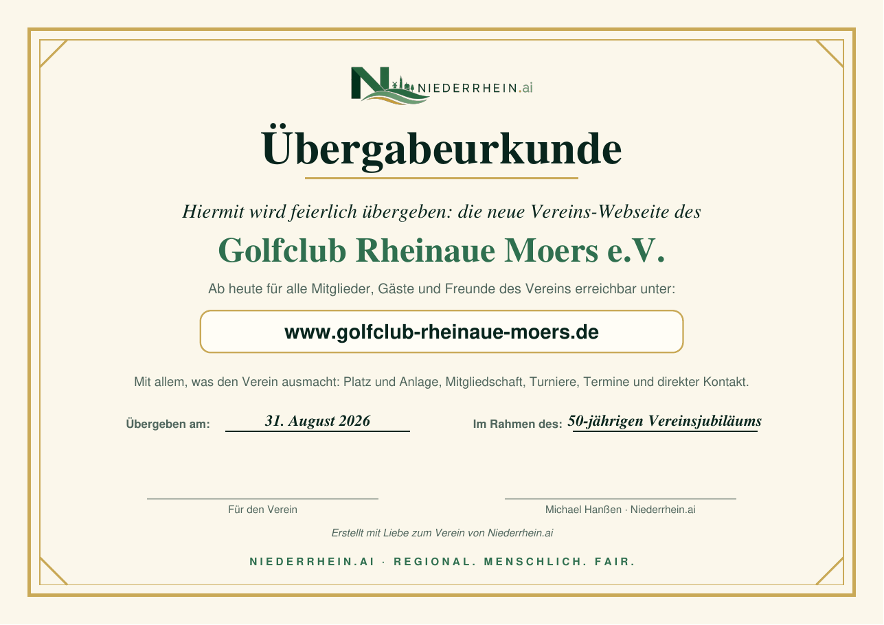 Beispiel einer Übergabeurkunde für die fertige Vereins-Webseite eines Golfclubs