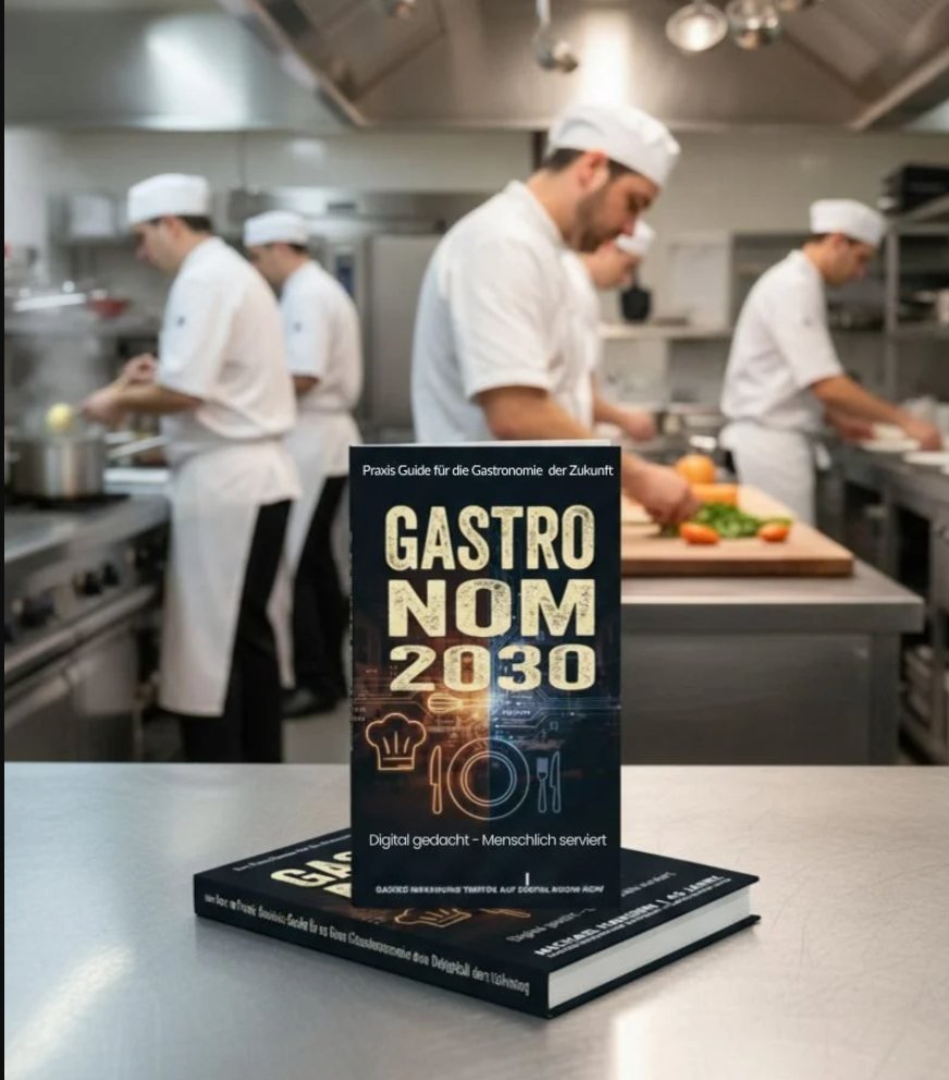 Das Buch „Gastronom 2030“ von Michael Hanßen steht auf einer Edelstahltheke in einer Restaurantküche