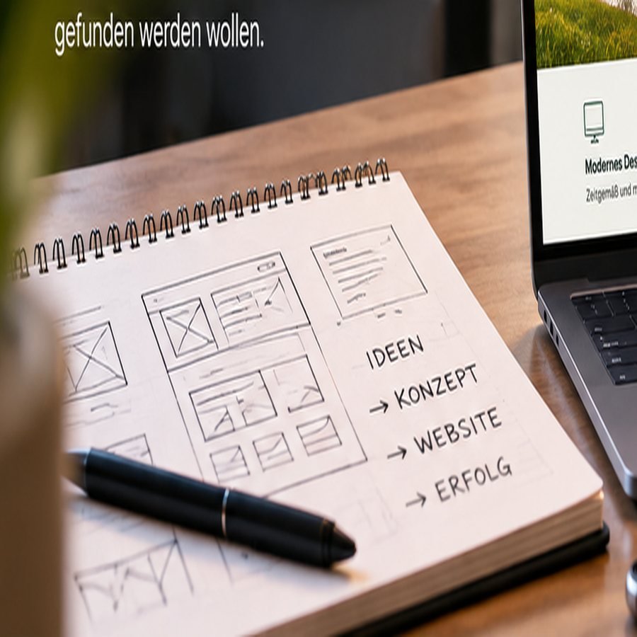 Ein Notizbuch mit Skizzen und Stichworten neben einem Laptop