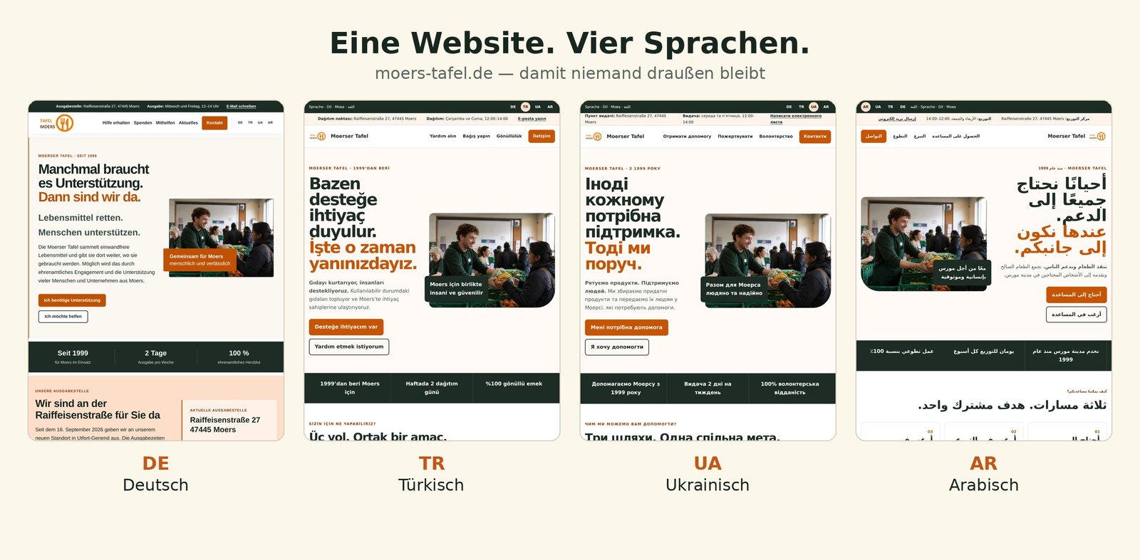 Die Startseite von moers-tafel.de nebeneinander auf Deutsch, Türkisch, Ukrainisch und Arabisch.