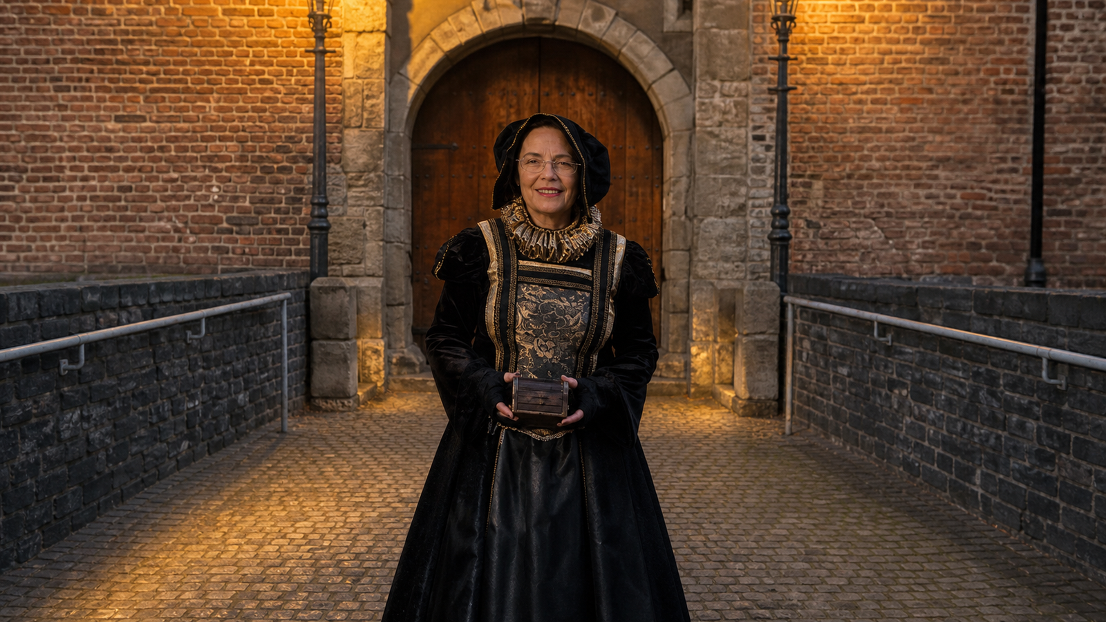 Renate Brings-Ortemba in historischem Gewand vor dem Portal des Grafschafter Museums